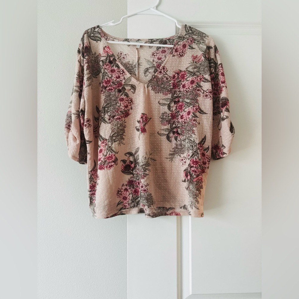 Lucky Brand Floral V-Neck Blouse - Pink and Cream